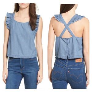 BP Chambray ruffle apron strap crop tank top S
